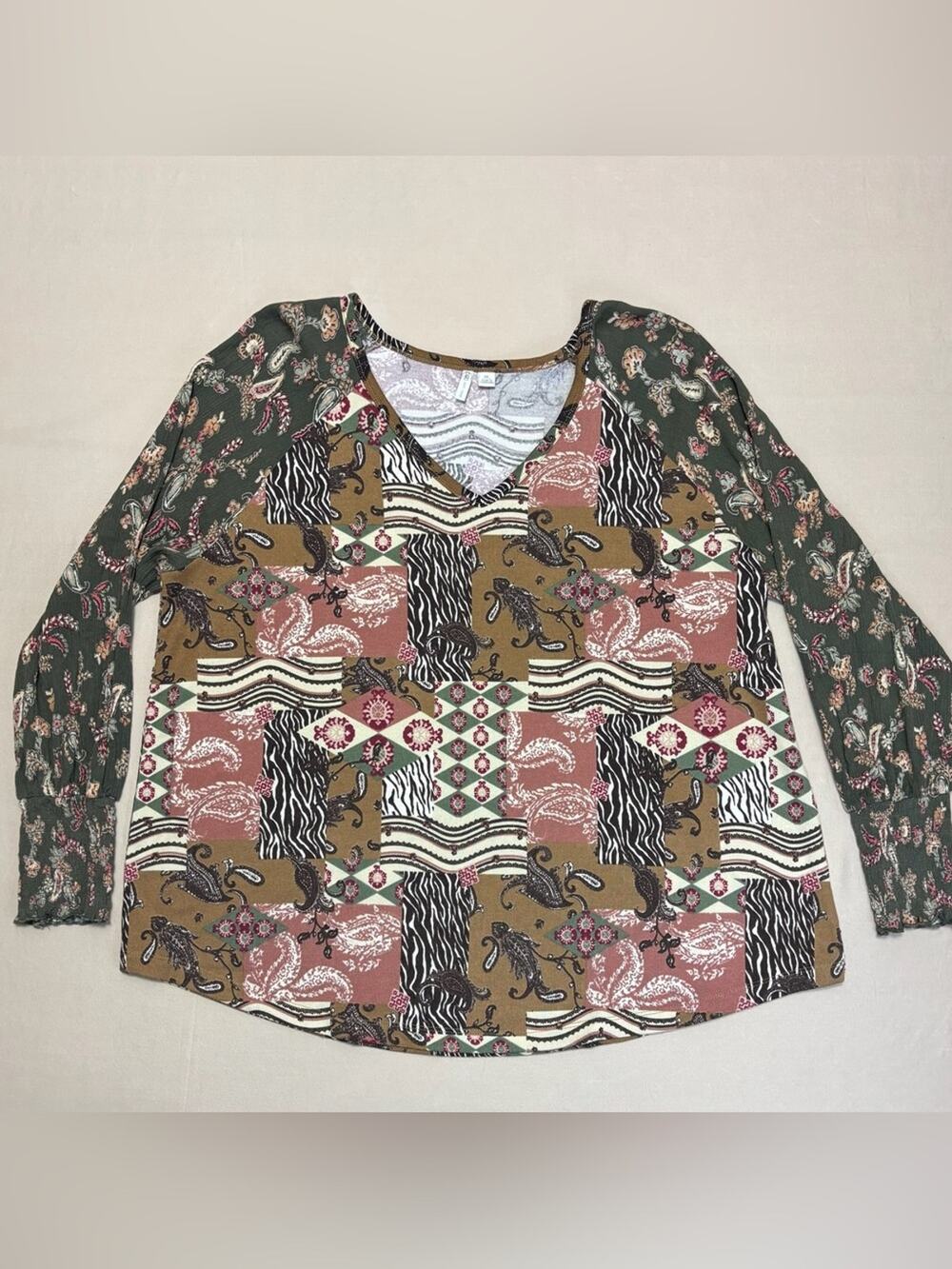 Cato Patchwork Mixed Pattern Mixed Fabric Boho V-Neck Long Sleeve Top Women's XL